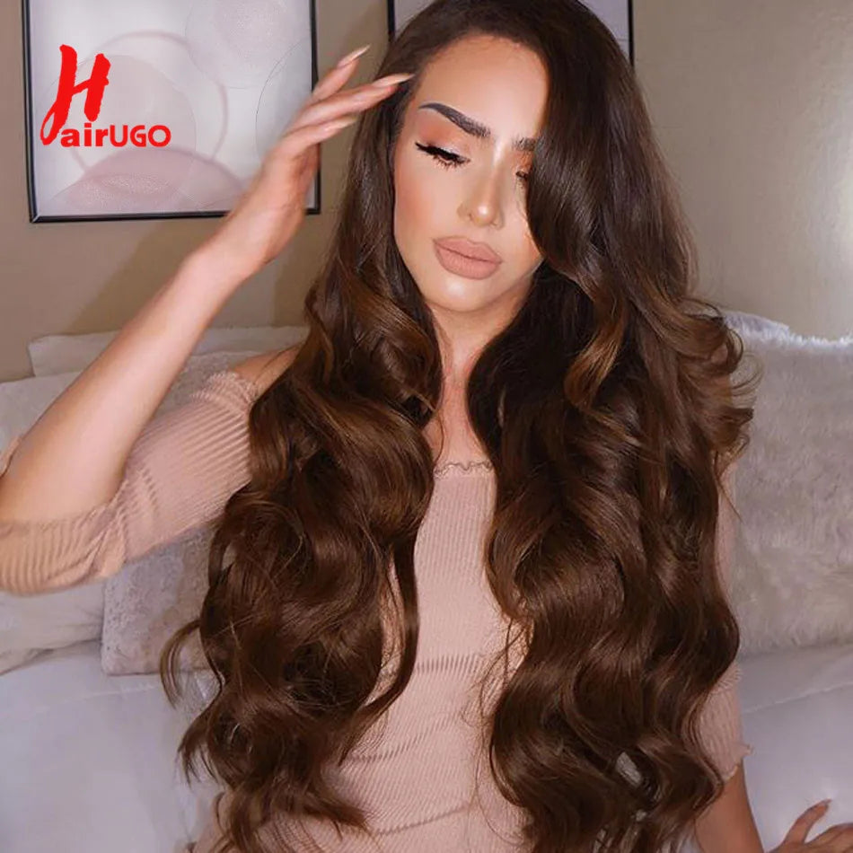 HairUGo 4# Brown Body Wave Lace Closure Human Hair Wigs T Lace Part Wigs Peruvian Hair Chocolate 4x4 Lace Closure Wigs For Women