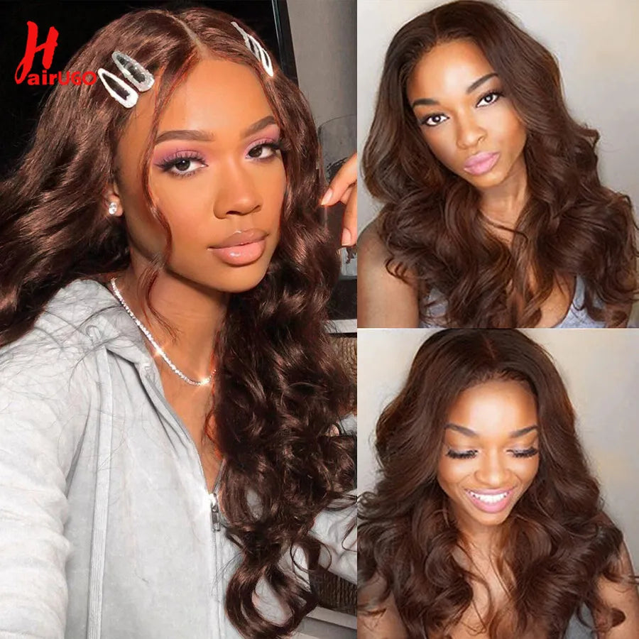 HairUGo 4# Brown Body Wave Lace Closure Human Hair Wigs T Lace Part Wigs Peruvian Hair Chocolate 4x4 Lace Closure Wigs For Women