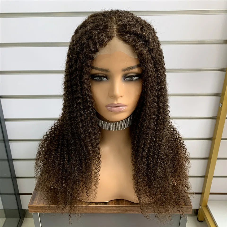 #30 Kinky Curly Wigs Brown 4x4 Lace Closure Wig T Lace Front Human Hair Wigs With Baby Hair Remy Preplucked HairUGo 180% Density