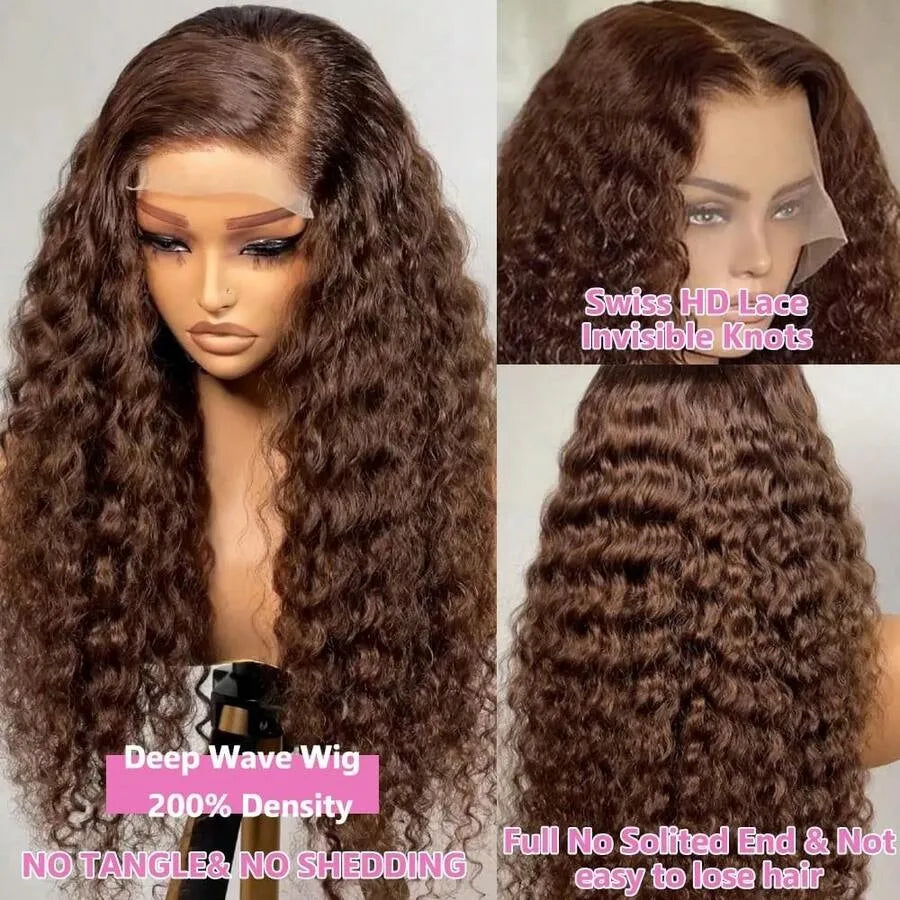 Chocolate Brown Deep Wave 13x6 Lace Front Wig Wig Human Hair Water Wave 250% Density Curly Wig Human Hair Brown Wigs Pre Plucked