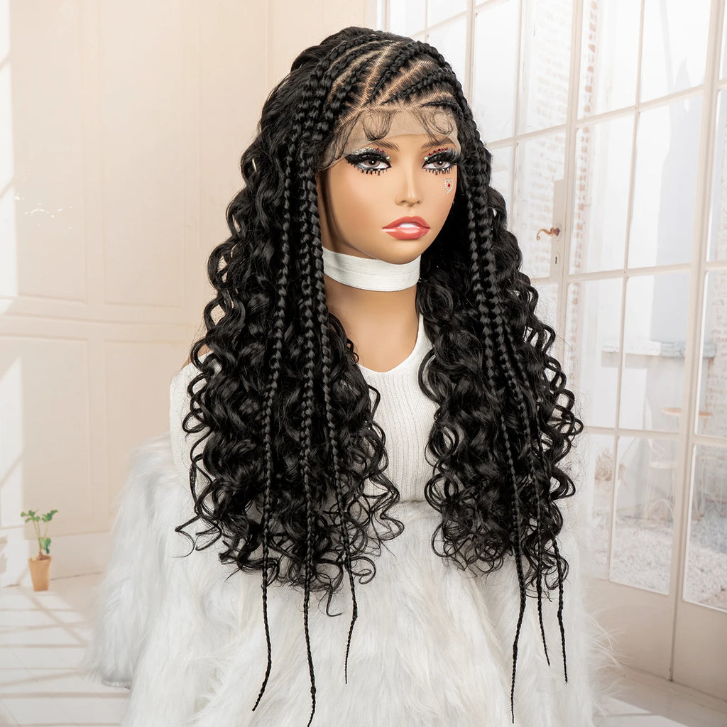 26 Inches Synthetic Cornrow Braided Wig 13x6 Lace Frontal Curly Braiding Wig African Braids Hair Wigs for Black Women