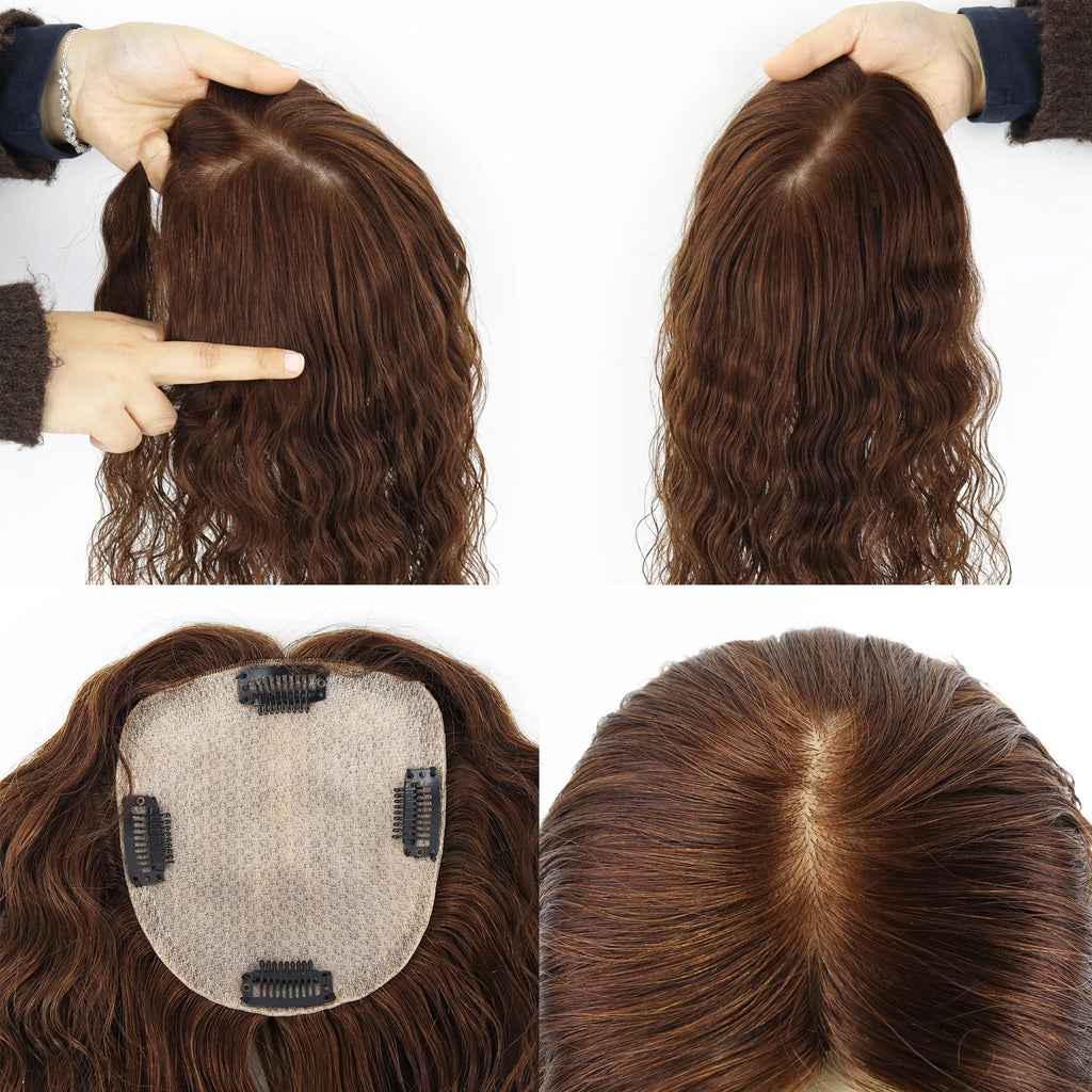 Curly Brown 12x13cm European Virgin Human Hair Topper Natural Realistic Scalp Silk Base Hair Extension With Clip In for Women