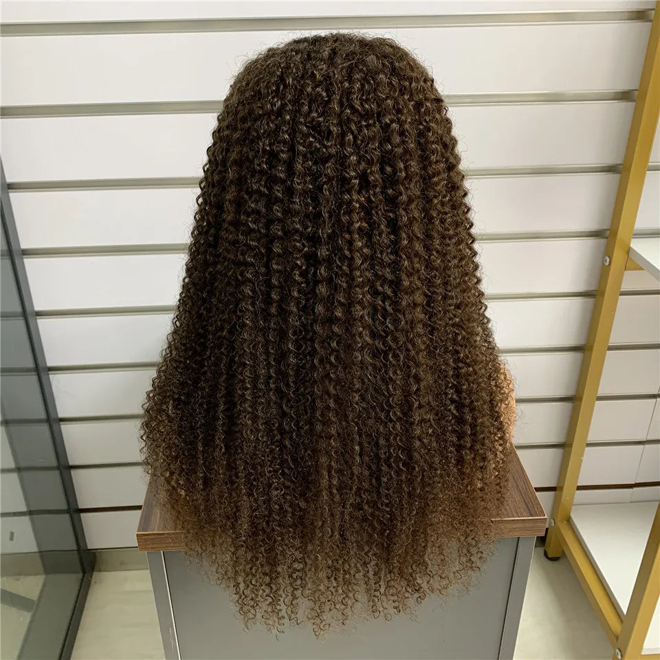 #30 Kinky Curly Wigs Brown 4x4 Lace Closure Wig T Lace Front Human Hair Wigs With Baby Hair Remy Preplucked HairUGo 180% Density