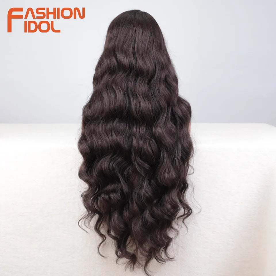 FASHION IDOL 36 Inch Super Long Deep Wave Lace Front Wigs Synthetic Side Part Lace Wigs For Women Brown Wavy Fiber Cosplay Wigs