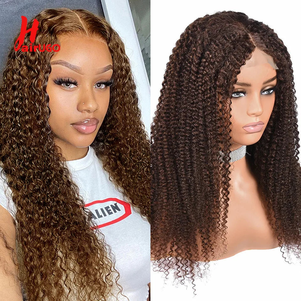 #30 Kinky Curly Wigs Brown 4x4 Lace Closure Wig T Lace Front Human Hair Wigs With Baby Hair Remy Preplucked HairUGo 180% Density