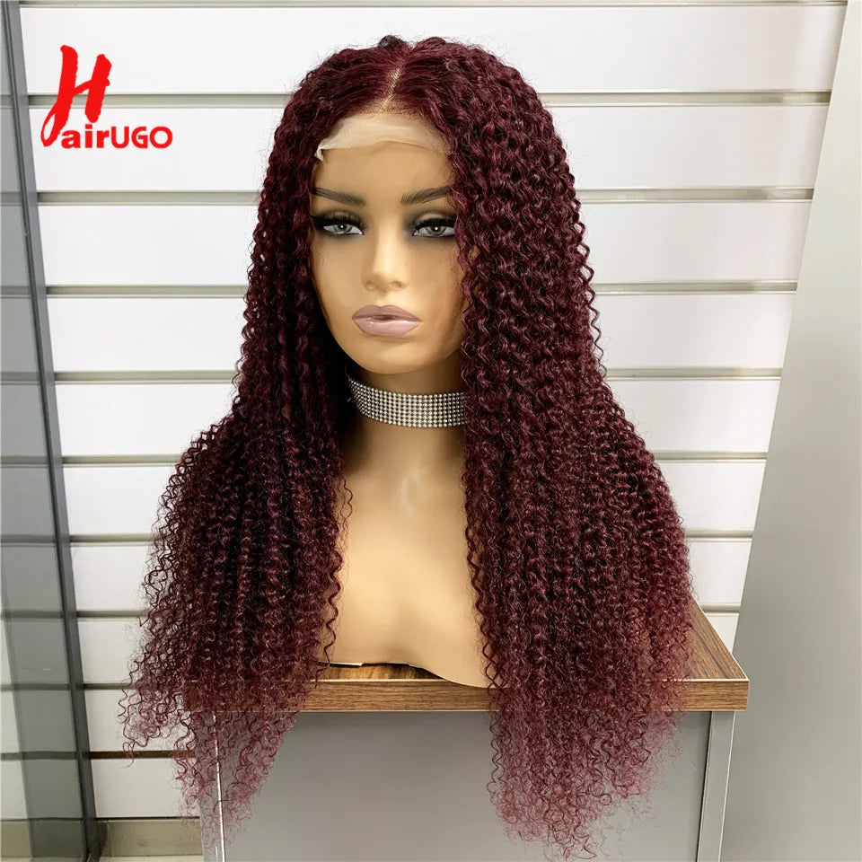 #30 Kinky Curly Wigs Brown 4x4 Lace Closure Wig T Lace Front Human Hair Wigs With Baby Hair Remy Preplucked HairUGo 180% Density
