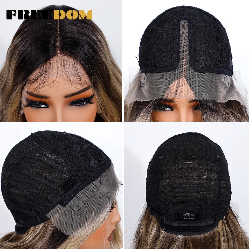 FREEDOM Synthetic Lace Front Wigs For Black Women 36 Inch Long Deep Body Wavy Lace Wig Ombre Brown Blonde White Cosplay Wig