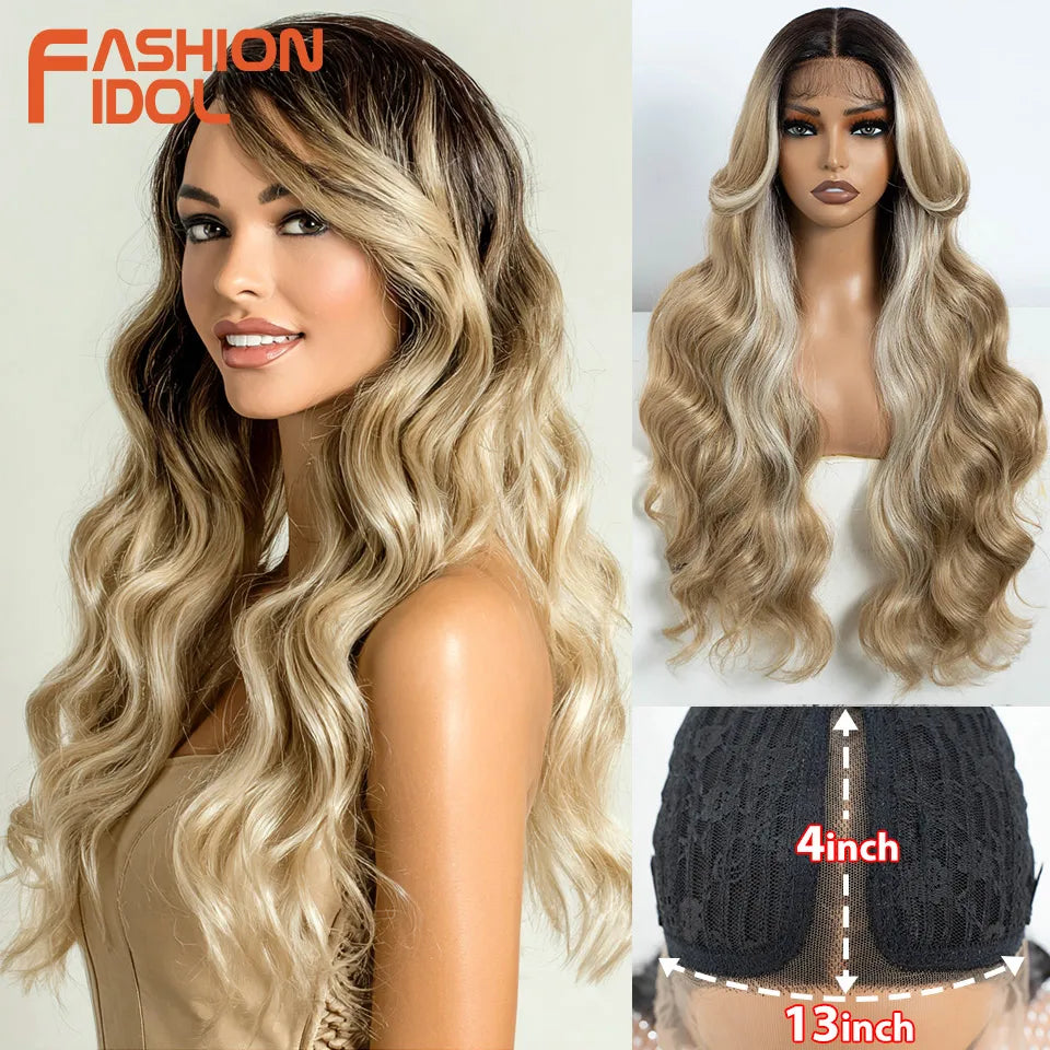 FASHION IDOL Loose Water Wave Lace Front Wigs Synthetic Glueless With Baby Hair Cosplay Wigs For Women Brown Deep Wave Lace Wigs