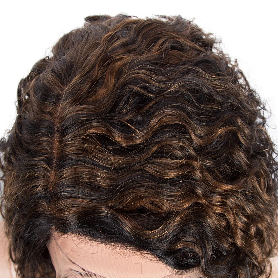 Sleek Curly Human Hair Wig For Women Brown Highlights Lace Wig Remy Brazilian Hair Wigs 13X1 Water Wave Woman  T Part Lace Wigs
