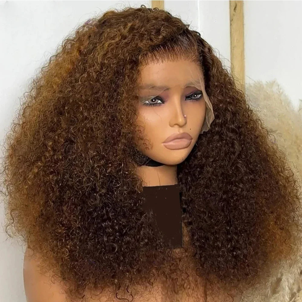 26inch 180density Soft Kinky Curly Wig Brown Lace Front Wig For Women Baby Hair Synthetic Wigs Heat Temperature Glueless
