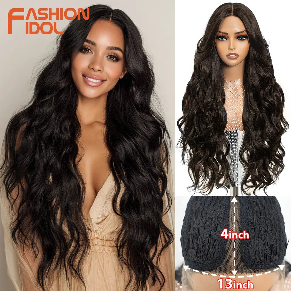 FASHION IDOL Loose Water Wave Lace Front Wigs Synthetic Glueless With Baby Hair Cosplay Wigs For Women Brown Deep Wave Lace Wigs