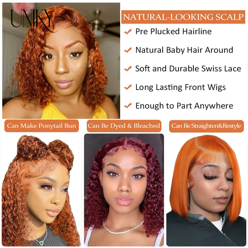 Ginger Orange Curly Bob Lace Front 180% Curly Bob Remy Pre Plucked With Baby Hair Brazilian Human Hair Wig Sale Human Wig