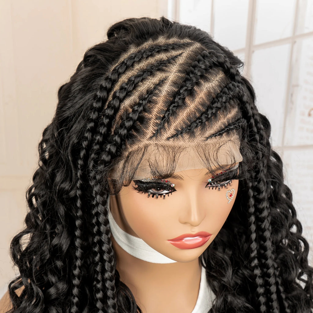 26 Inches Synthetic Cornrow Braided Wig 13x6 Lace Frontal Curly Braiding Wig African Braids Hair Wigs for Black Women