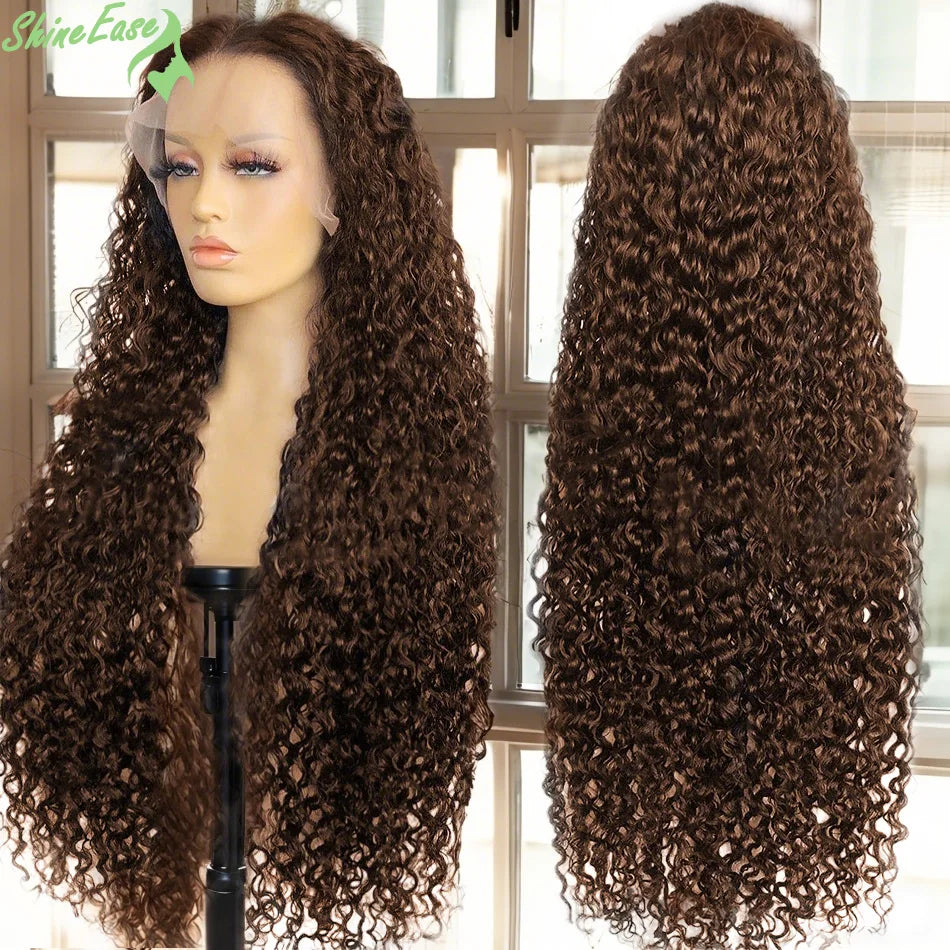 250 Density Chocolate Brown Deep Wave Human Hair Wig 30 38 Inch Transparent Lace Frontal Wigs 13x6 Lace Front Water Curly Wigs