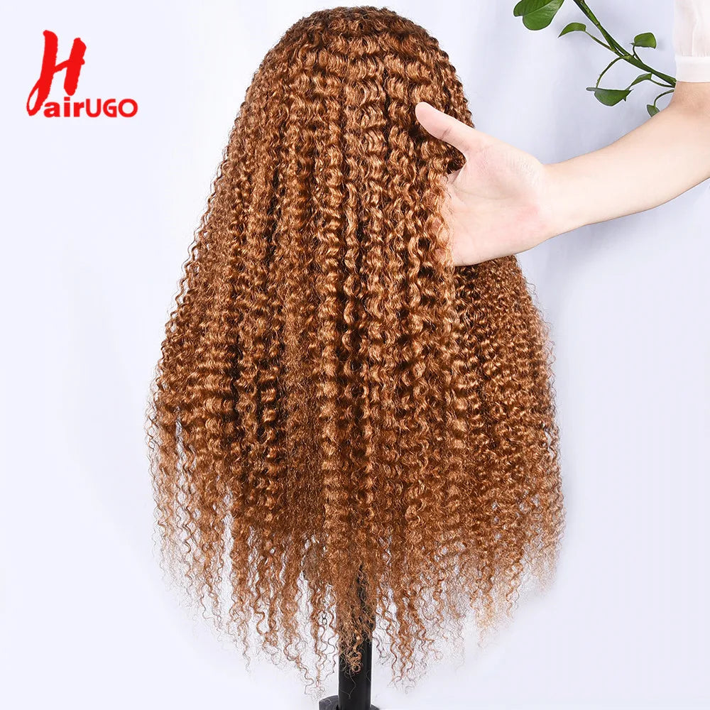 #30 Kinky Curly Wigs Brown 4x4 Lace Closure Wig T Lace Front Human Hair Wigs With Baby Hair Remy Preplucked HairUGo 180% Density