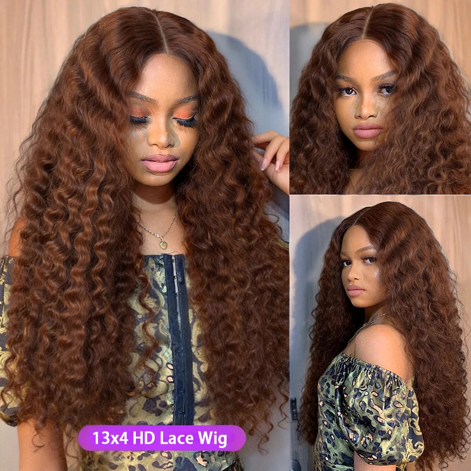 250 Density Chocolate Brown Deep Wave Human Hair Wig 30 38 Inch Transparent Lace Frontal Wigs 13x6 Lace Front Water Curly Wigs