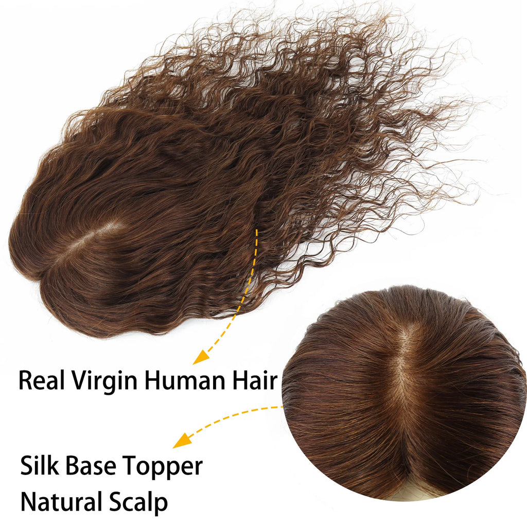 Curly Brown 12x13cm European Virgin Human Hair Topper Natural Realistic Scalp Silk Base Hair Extension With Clip In for Women