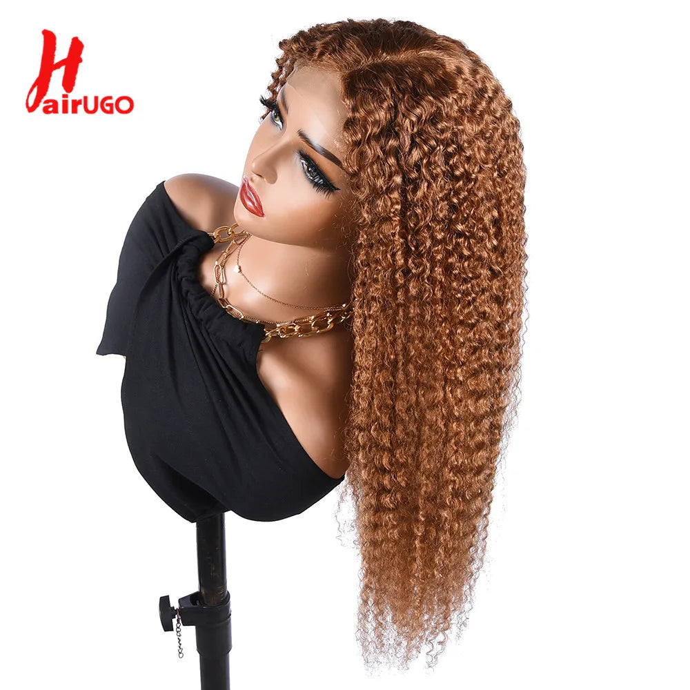 #30 Kinky Curly Wigs Brown 4x4 Lace Closure Wig T Lace Front Human Hair Wigs With Baby Hair Remy Preplucked HairUGo 180% Density