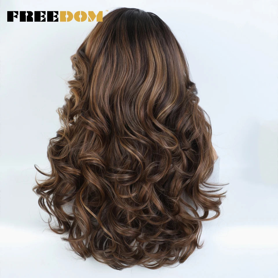 FREEDOM Synthetic Lace Front Wigs For Black Women Body Wave Lace Wig 22 Inches Ombre Chocolate Brown Blonde Wigs Cosplay Wig