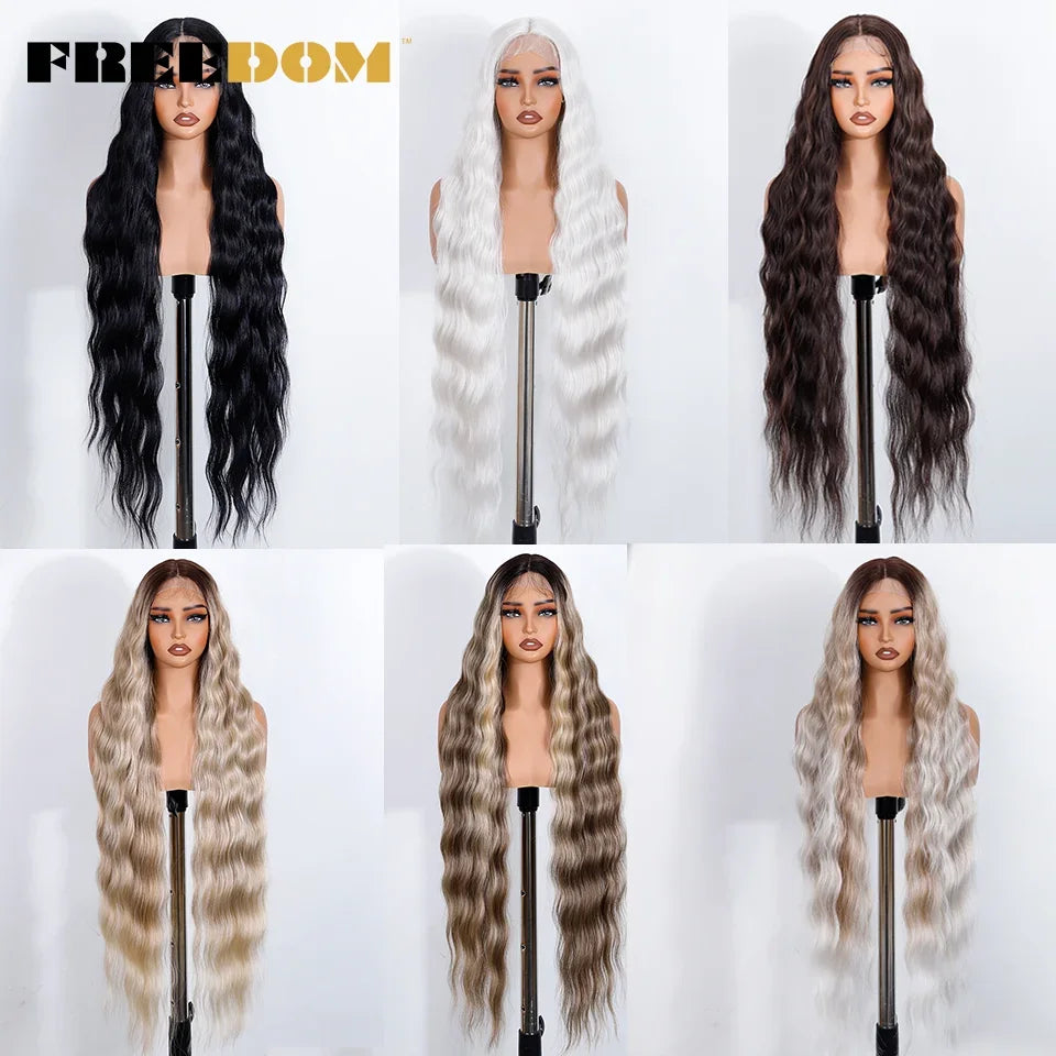 FREEDOM Synthetic Lace Front Wigs For Black Women 36 Inch Long Deep Body Wavy Lace Wig Ombre Brown Blonde White Cosplay Wig