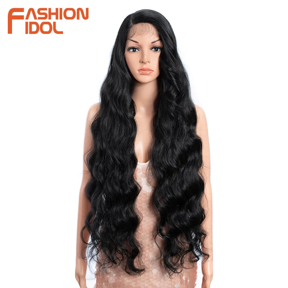 FASHION IDOL 36 Inch Super Long Deep Wave Lace Front Wigs Synthetic Side Part Lace Wigs For Women Brown Wavy Fiber Cosplay Wigs