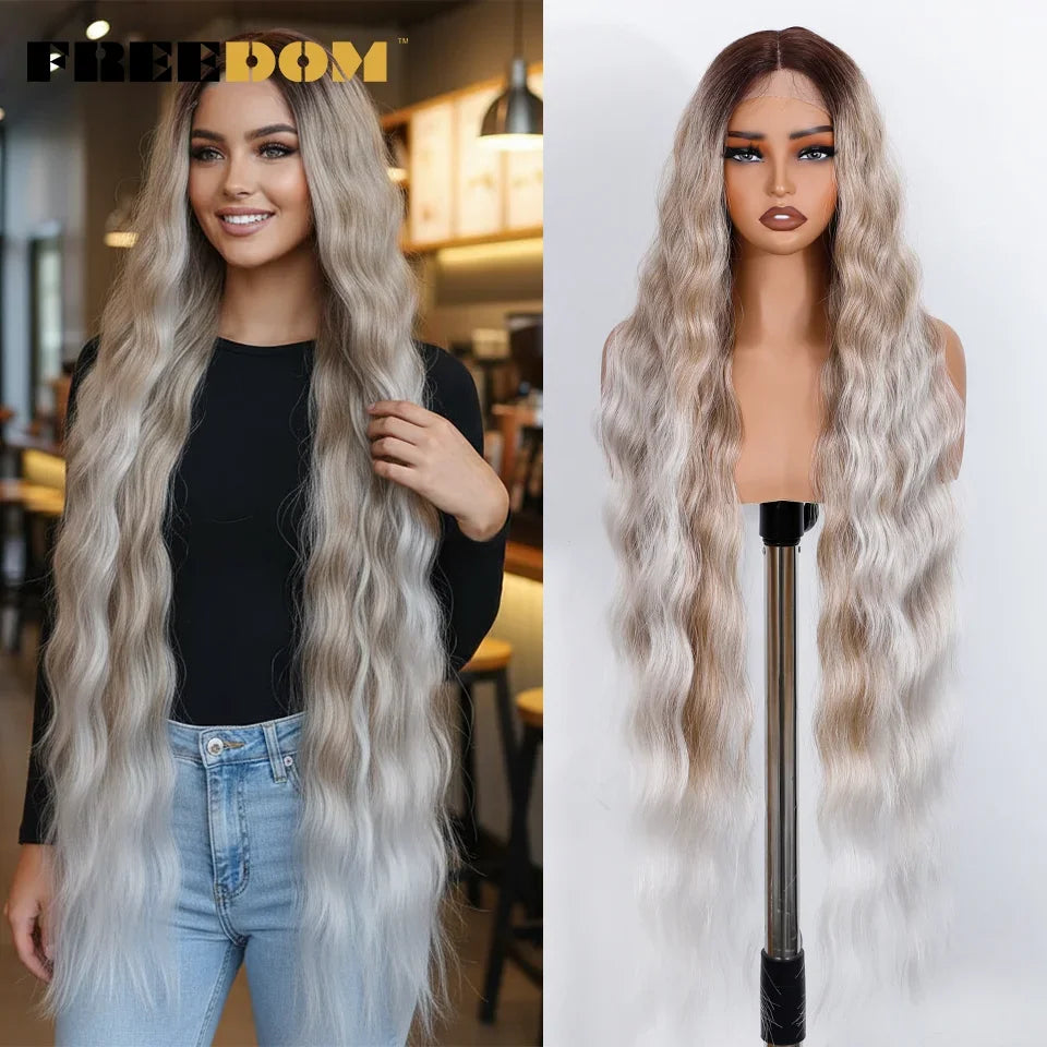 FREEDOM Synthetic Lace Front Wigs For Black Women 36 Inch Long Deep Body Wavy Lace Wig Ombre Brown Blonde White Cosplay Wig