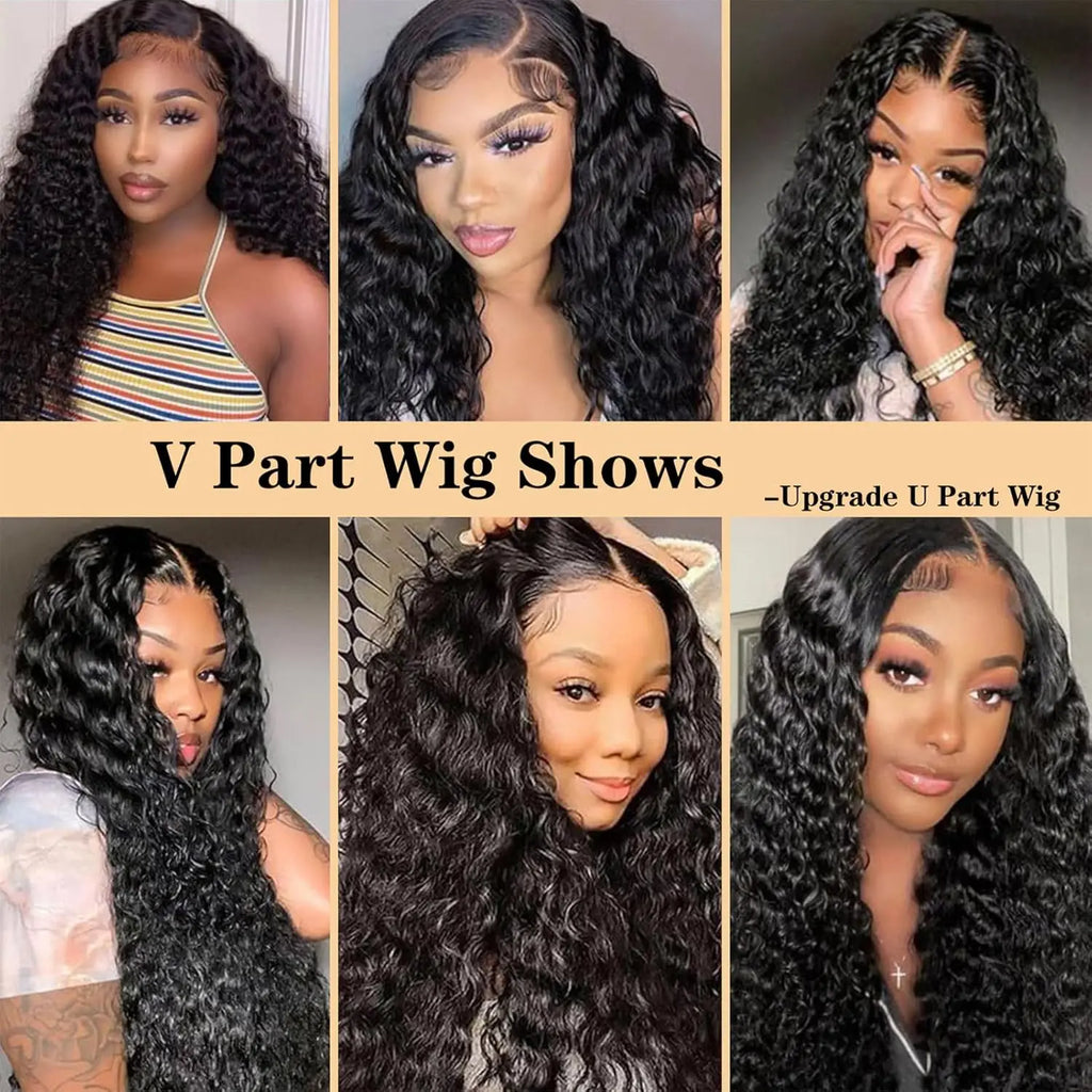 Curly V Part Wig Human Hair No Leave Out Upgrade V Part Wigs Glueless 30 Inch Natural Color Water Wave Human Hair Wig For Women