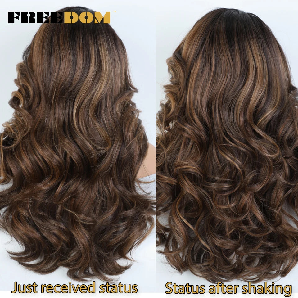FREEDOM Synthetic Lace Front Wigs For Black Women Body Wave Lace Wig 22 Inches Ombre Chocolate Brown Blonde Wigs Cosplay Wig