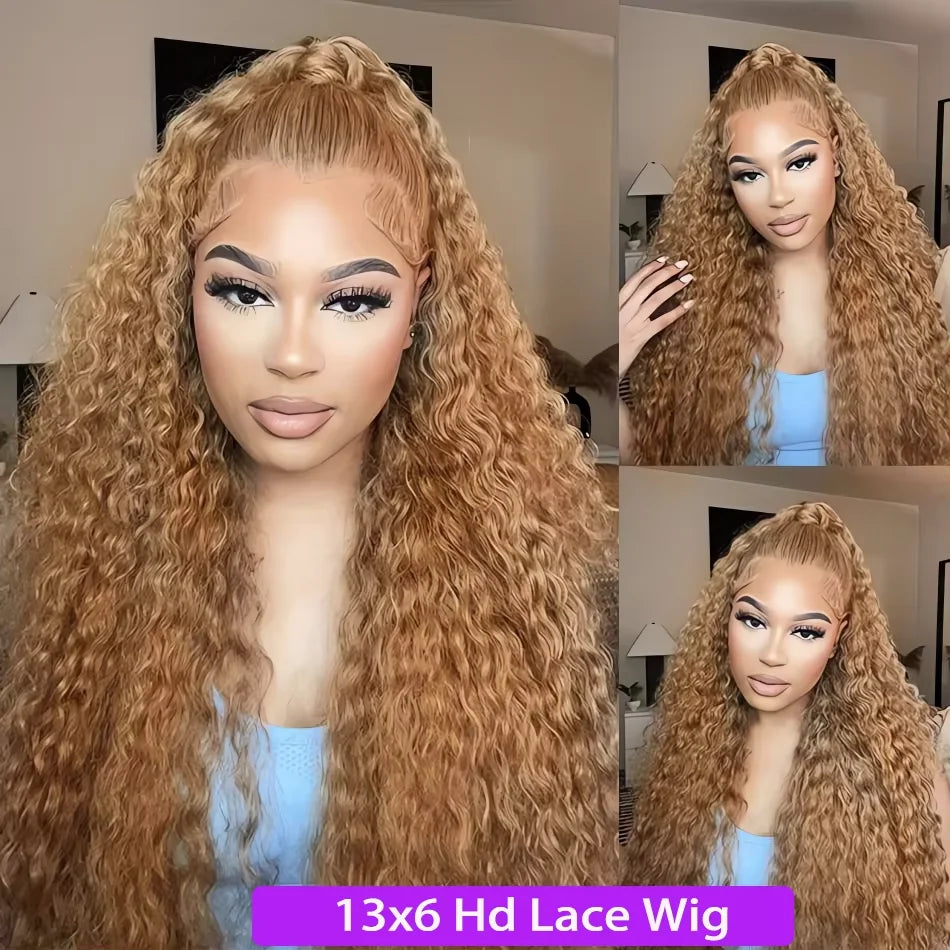 FRIZIRA 30 36Inch #27 Honey Blonde Lace Front Wig Deep Wave Frontal Wig Curly Human Hair Wig 13x4 13x6 Colored Human Hair Wigs