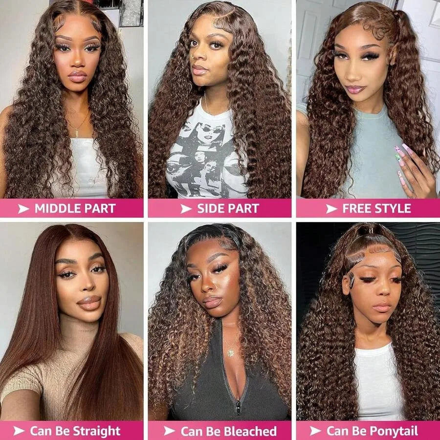 Chocolate Brown Deep Wave 13x6 Lace Front Wig Wig Human Hair Water Wave 250% Density Curly Wig Human Hair Brown Wigs Pre Plucked
