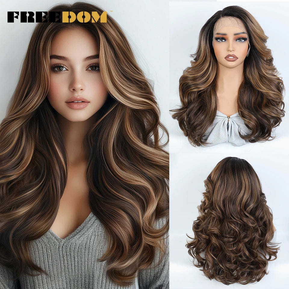 FREEDOM Synthetic Lace Front Wigs For Black Women Body Wave Lace Wig 22 Inches Ombre Chocolate Brown Blonde Wigs Cosplay Wig