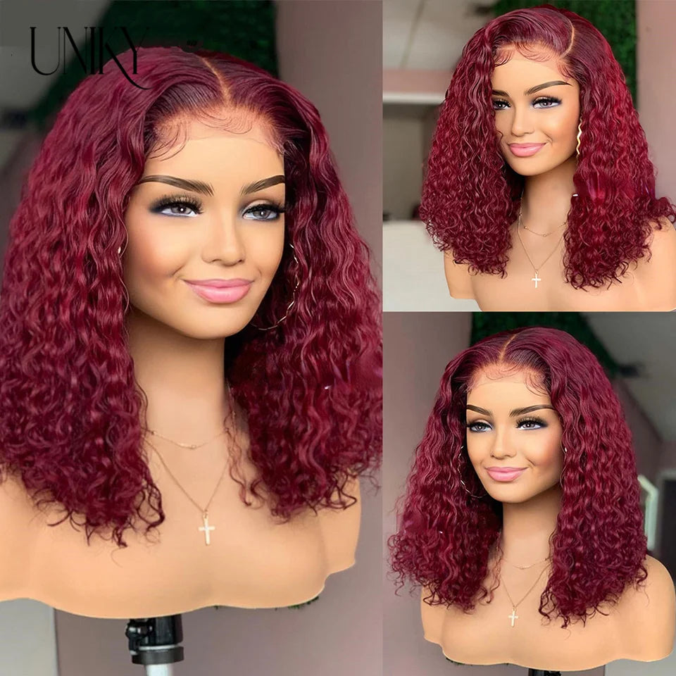 99J Red Colored Kinky Curly Wig Human Hair 13x4 Burgundy Black Short Bob Lace Front Human Hair Wigs For Women Short Deep Curly