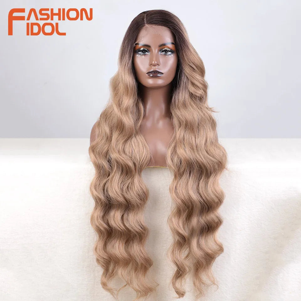 FASHION IDOL 36 Inch Super Long Deep Wave Lace Front Wigs Synthetic Side Part Lace Wigs For Women Brown Wavy Fiber Cosplay Wigs
