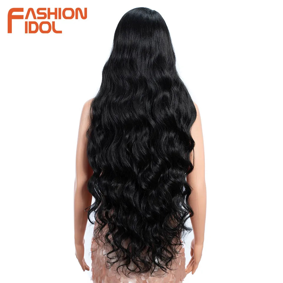 FASHION IDOL 36 Inch Super Long Deep Wave Lace Front Wigs Synthetic Side Part Lace Wigs For Women Brown Wavy Fiber Cosplay Wigs