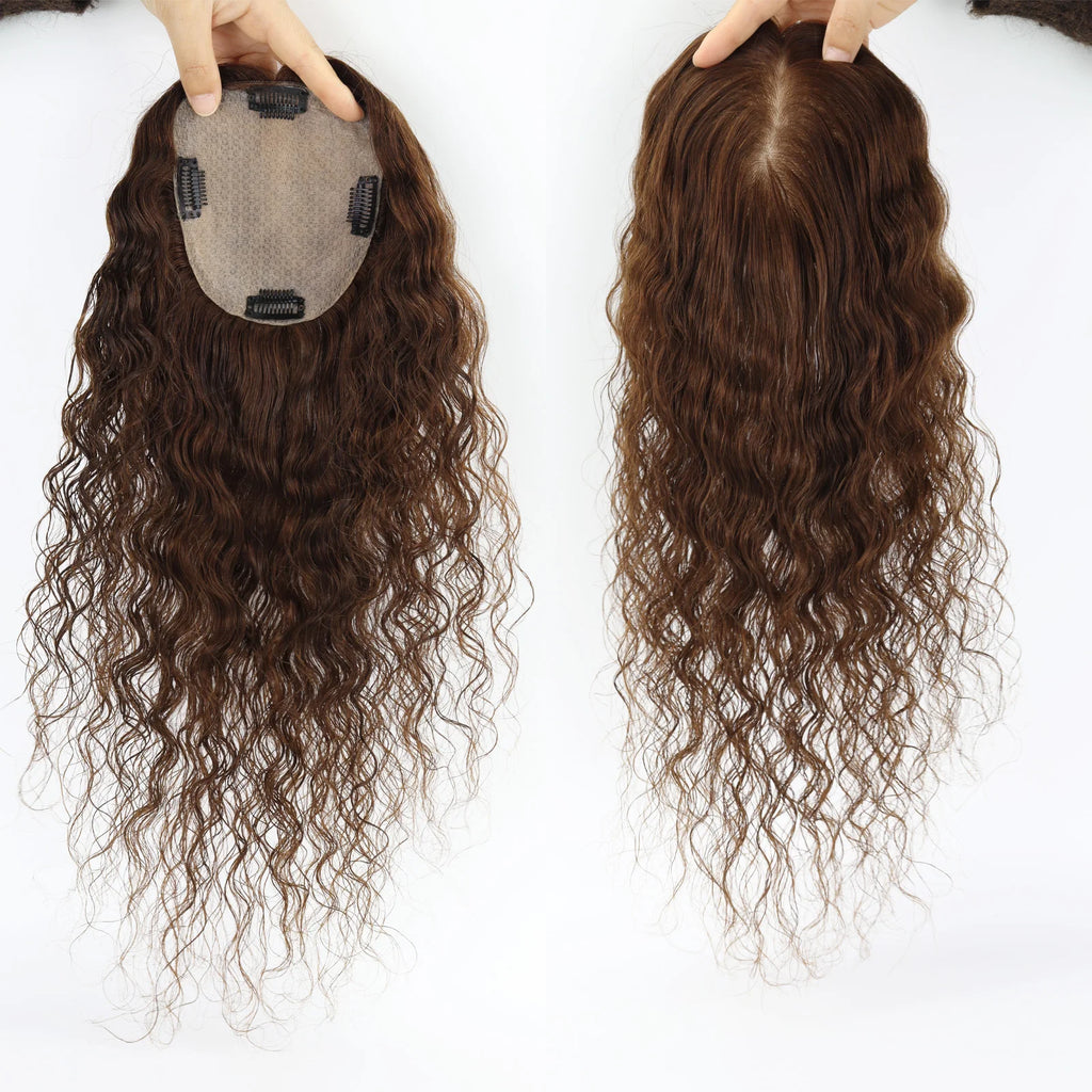 Curly Brown 12x13cm European Virgin Human Hair Topper Natural Realistic Scalp Silk Base Hair Extension With Clip In for Women