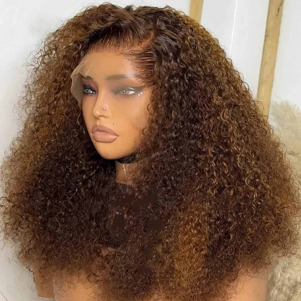 26inch 180density Soft Kinky Curly Wig Brown Lace Front Wig For Women Baby Hair Synthetic Wigs Heat Temperature Glueless