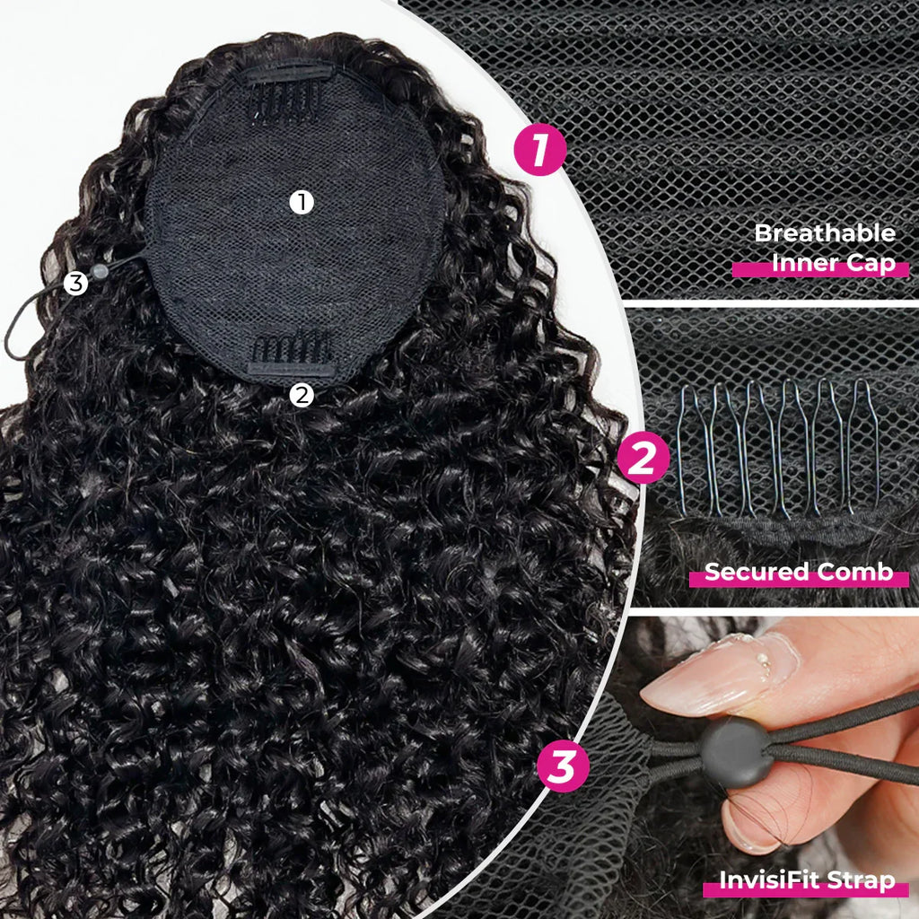 Deep Wave Ponytail Human Hair Drawstring Ponytails for Black Women 100% Remy Human Hair Extensions Deep Curly Ponytail