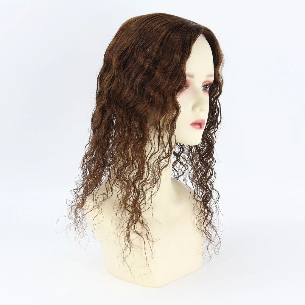 Curly Brown 12x13cm European Virgin Human Hair Topper Natural Realistic Scalp Silk Base Hair Extension With Clip In for Women