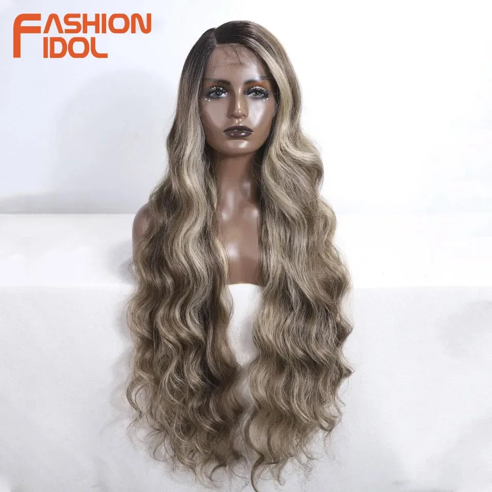 FASHION IDOL 36 Inch Super Long Deep Wave Lace Front Wigs Synthetic Side Part Lace Wigs For Women Brown Wavy Fiber Cosplay Wigs