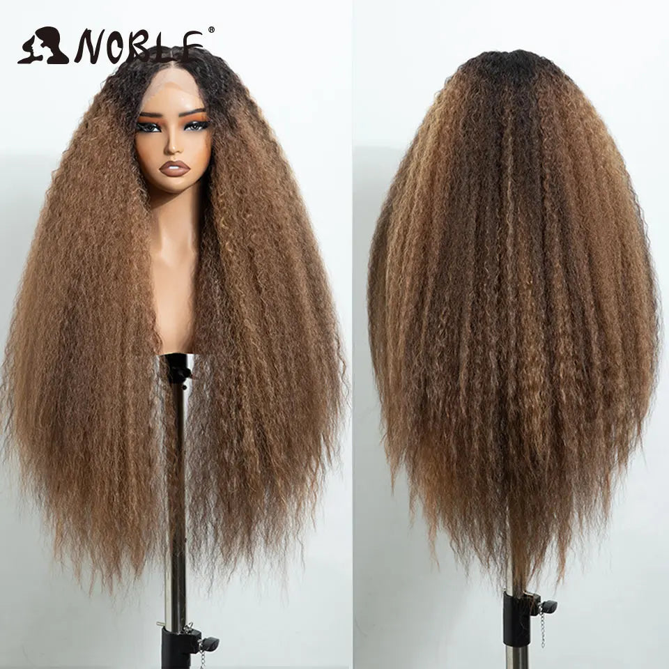 Noble 32 Inch Kinky Curly Lace Front Wig Natural Ombre Honey Brown 13x4 Lace Front Wig Synthetic Wigs For Black Women Daily Wig