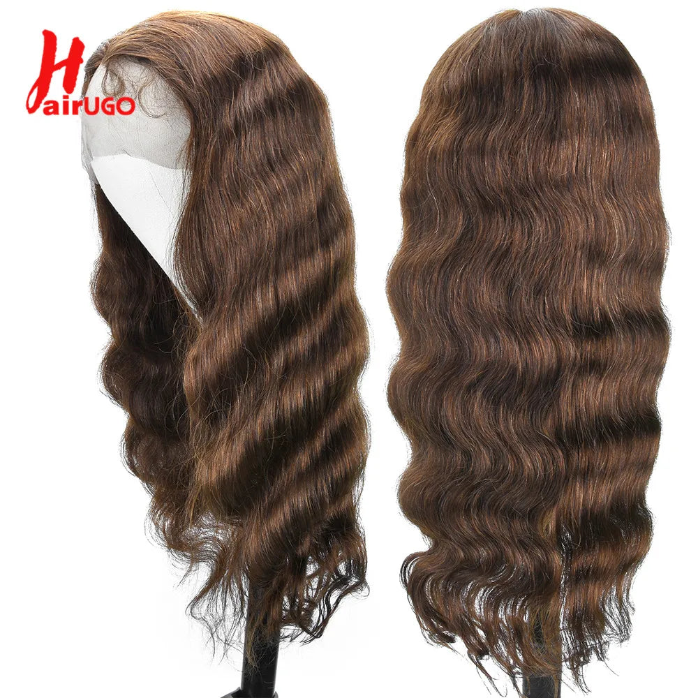 HairUGo 4# Brown Body Wave Lace Closure Human Hair Wigs T Lace Part Wigs Peruvian Hair Chocolate 4x4 Lace Closure Wigs For Women