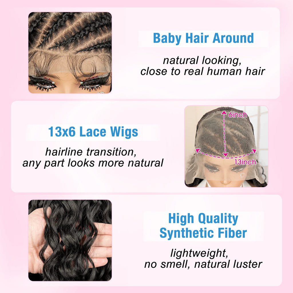26 Inches Synthetic Cornrow Braided Wig 13x6 Lace Frontal Curly Braiding Wig African Braids Hair Wigs for Black Women
