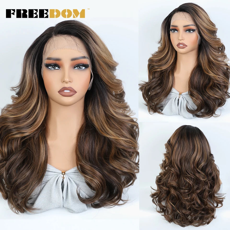 FREEDOM Synthetic Lace Front Wigs For Black Women Body Wave Lace Wig 22 Inches Ombre Chocolate Brown Blonde Wigs Cosplay Wig