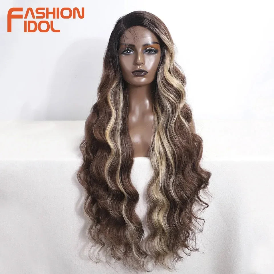 FASHION IDOL 36 Inch Super Long Deep Wave Lace Front Wigs Synthetic Side Part Lace Wigs For Women Brown Wavy Fiber Cosplay Wigs