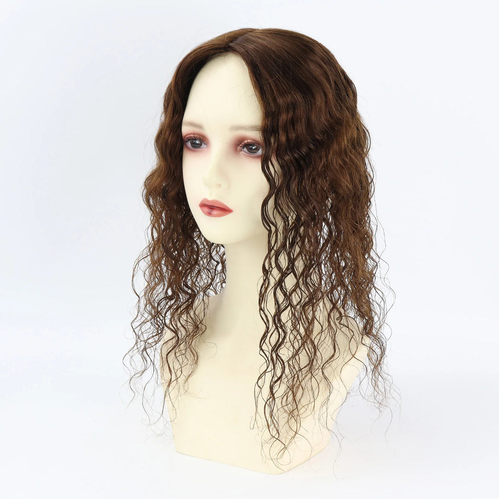 Curly Brown 12x13cm European Virgin Human Hair Topper Natural Realistic Scalp Silk Base Hair Extension With Clip In for Women