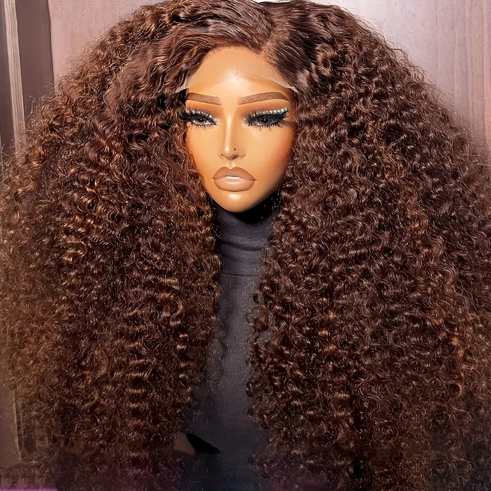 26inch 180density Soft Kinky Curly Wig Brown Lace Front Wig For Women Baby Hair Synthetic Wigs Heat Temperature Glueless