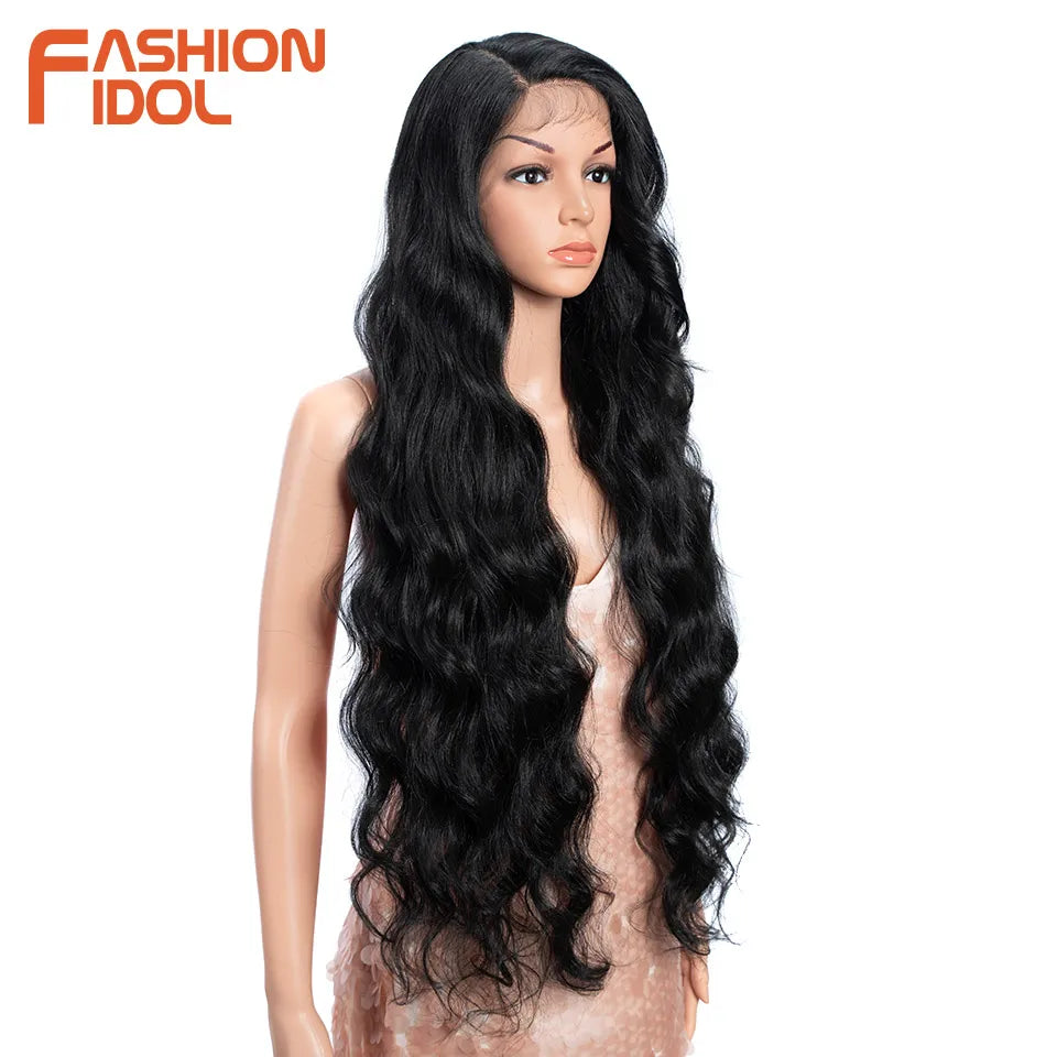 FASHION IDOL 36 Inch Super Long Deep Wave Lace Front Wigs Synthetic Side Part Lace Wigs For Women Brown Wavy Fiber Cosplay Wigs