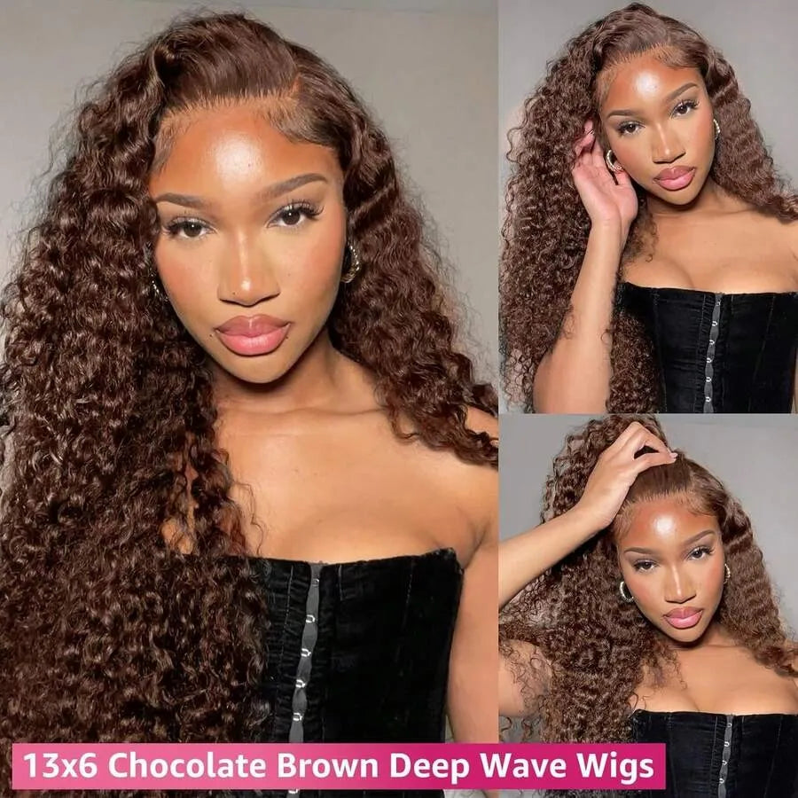 Chocolate Brown Deep Wave 13x6 Lace Front Wig Wig Human Hair Water Wave 250% Density Curly Wig Human Hair Brown Wigs Pre Plucked