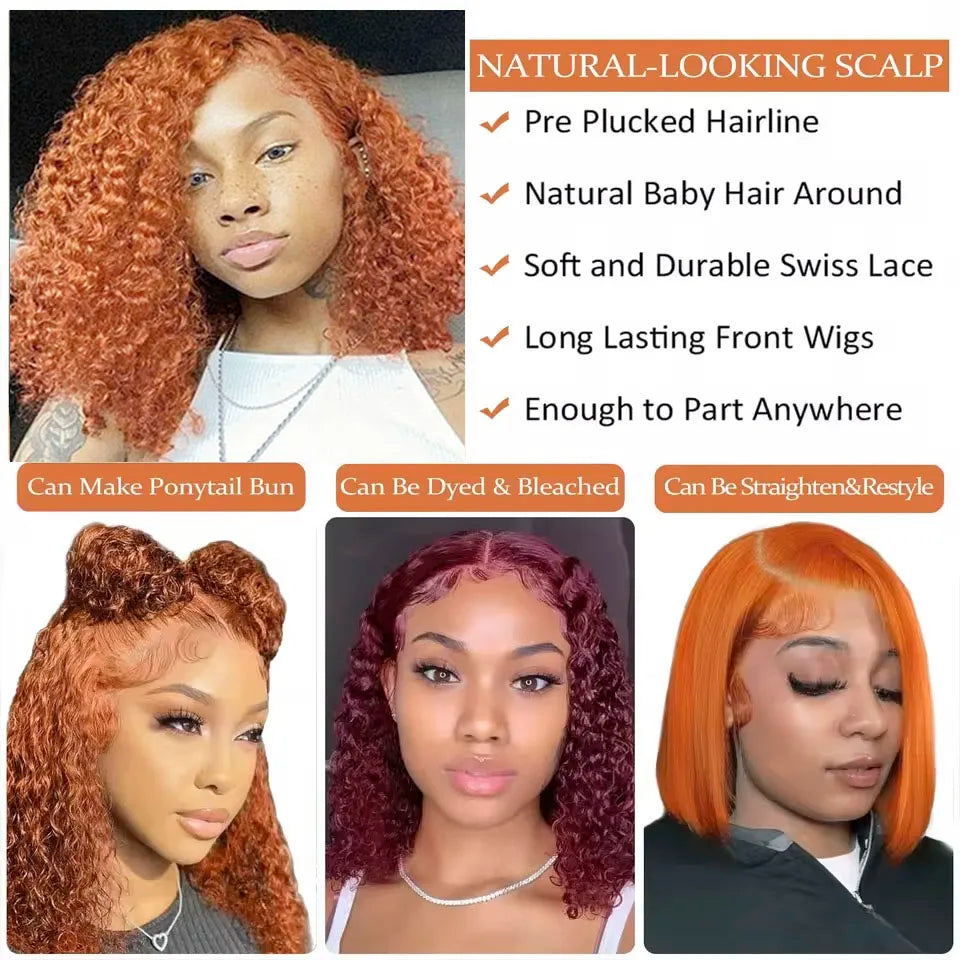 Ginger Orange Curly Bob Lace Front 180% Curly Bob Remy Pre Plucked With Baby Hair Brazilian Human Hair Wig Sale Human Wig