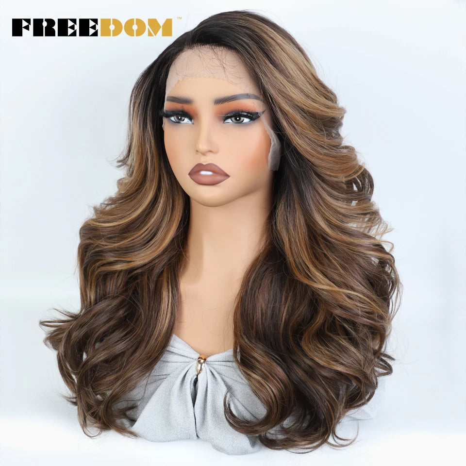FREEDOM Synthetic Lace Front Wigs For Black Women Body Wave Lace Wig 22 Inches Ombre Chocolate Brown Blonde Wigs Cosplay Wig